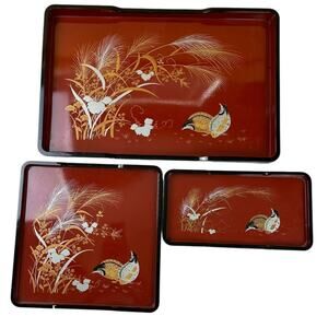 Vintage 3 Pc Japanese Lacquerware Trays with Bird Design Nesting Red Black